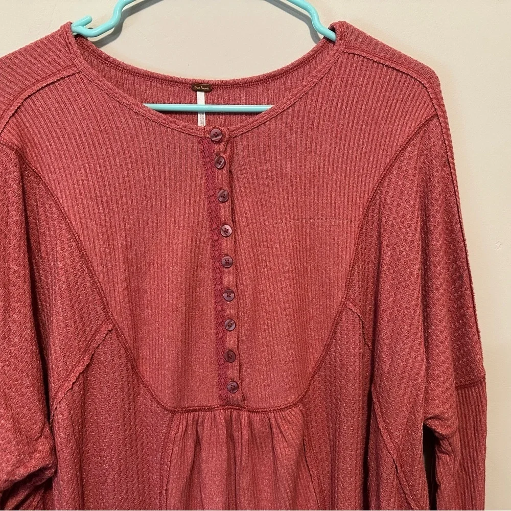 Free People Leo Henley Thermal Top | Oversized Waffle Knit Long Sleeve Size M